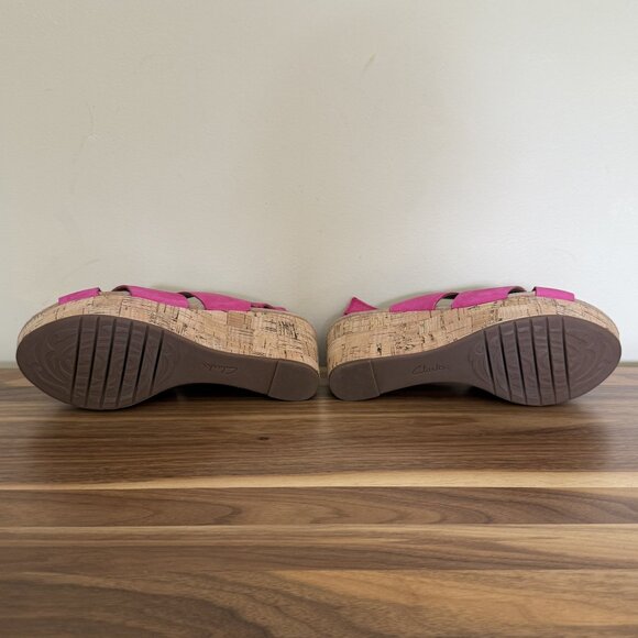 CLARKS Caslynn Diem Leather Slingback Wedge Sandal 8.5W Fuchsia nubuck pink EUC - Picture 7 of 15